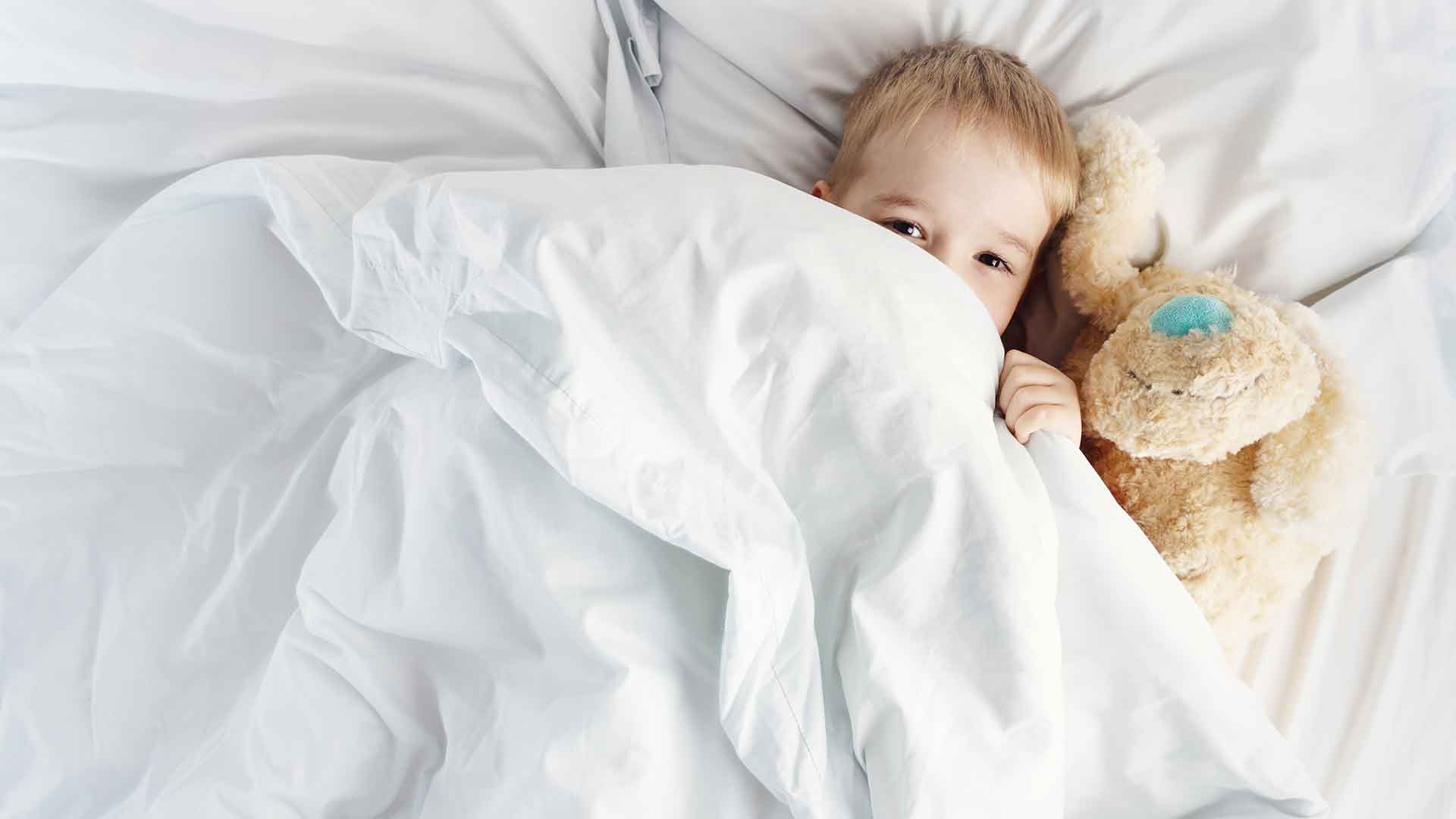 A child hiding under a white blanket with a teddy bear.